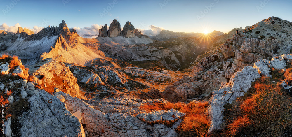 Dolomites mountain panorama in Italy at sunset - Tre Cime di Lav - obrazy, fototapety, plakaty 
