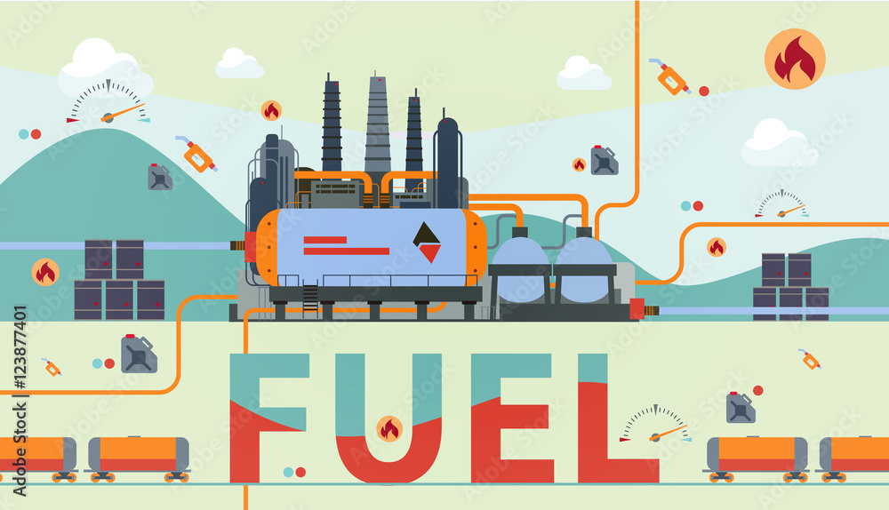 Vector illustration of the fuel factory with additional elements, art for web and print design appealing for oil processing theme.