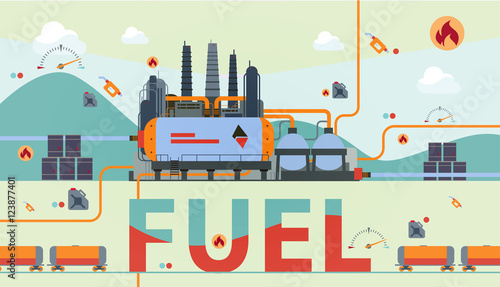 Vector illustration of the fuel factory with additional elements, art for web and print design appealing for oil processing theme.