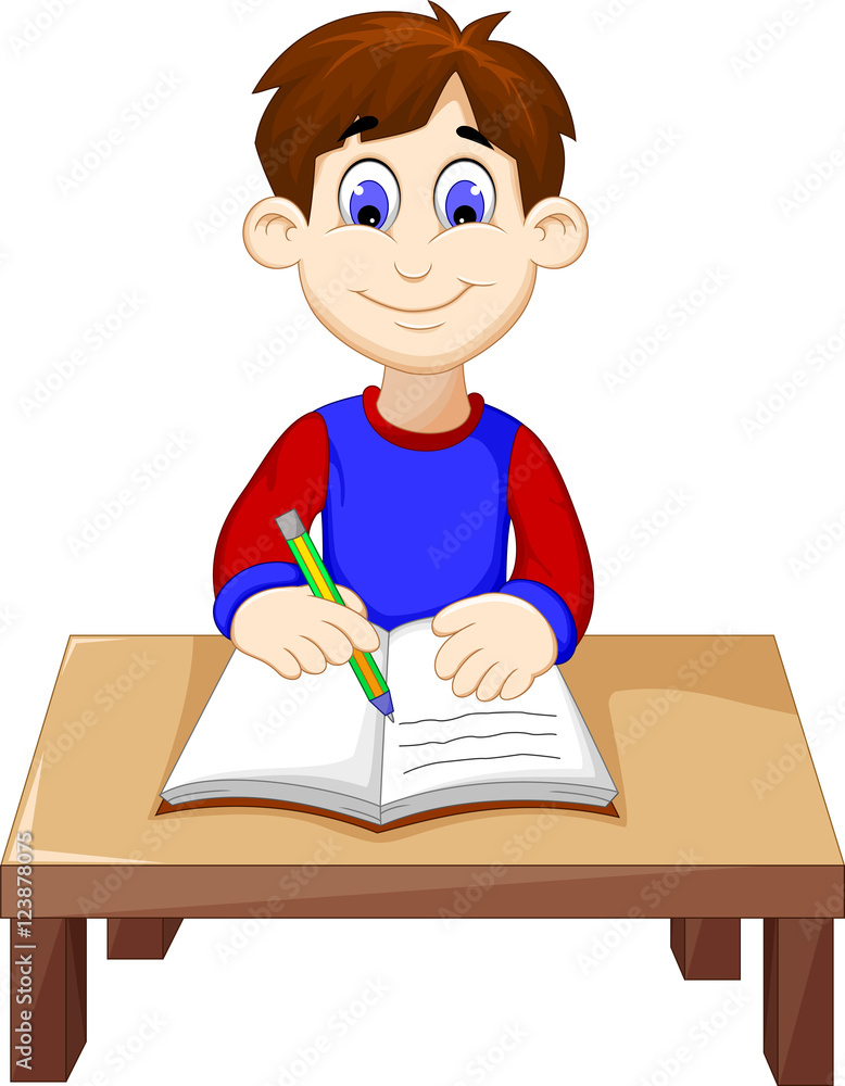 funny Boy cartoon writing above a desk