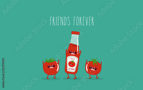 Funny tomato ketchup and tomato. Vector illustration.