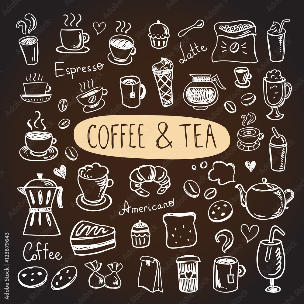Coffee and tea vector hand drawn doodles. Cafe illustrations: drinks and sweet pastry and bakery Coffee and tea vector hand drawn doodles. Cafe illustrations: drinks and sweet pastry and bakery