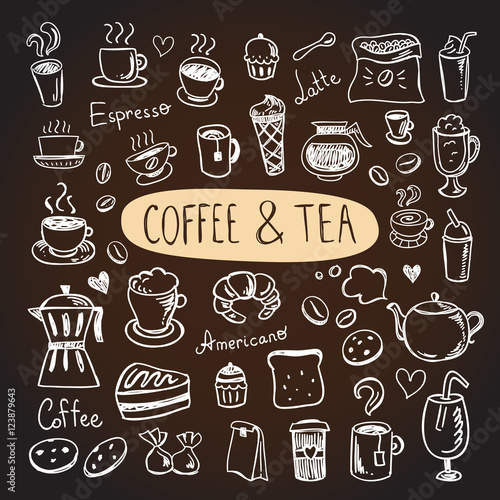 Coffee and tea vector hand drawn doodles. Cafe illustrations: drinks and sweet pastry and bakery © redchocolatte