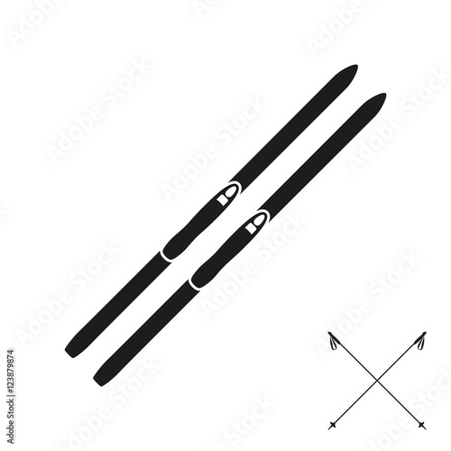 Cross country skies and its equipment set isolated on the white background. Silhouette design. Ski icons series.