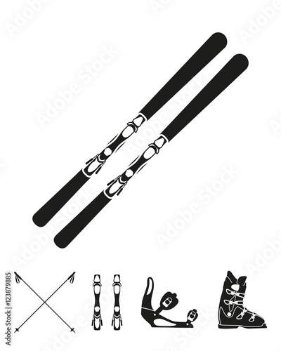Mountain skies and its equipment set isolated on the white background. Silhouette design. Ski icons series.