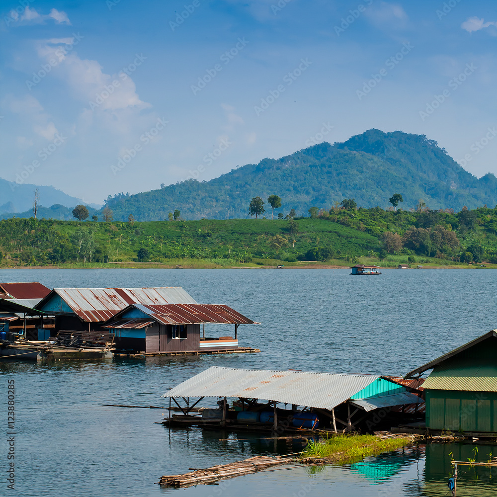 raft on river and mountain at Sangklaburi in Thailand