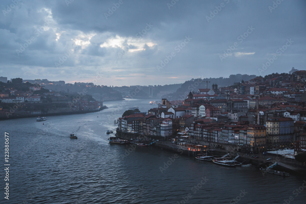  high view of the old city Porto at sunset, rainy day