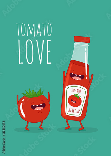 Funny tomato ketchup and tomato. Tomato love. Vector illustration.