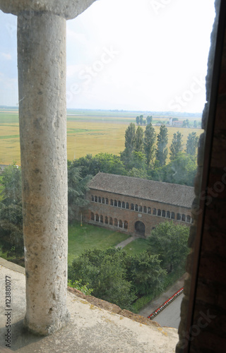 top view of Pomposa abbey and the Po Valley in central Italy