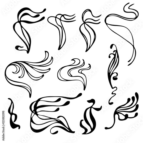 Set of hand drawn decorative curly borders in art nouveau style, isolated on white background. Vector illustration.