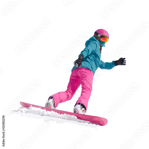 Winter sport, snowboarding - vector illustration of a young girl snowboarder in motion from the slope on a snowboard