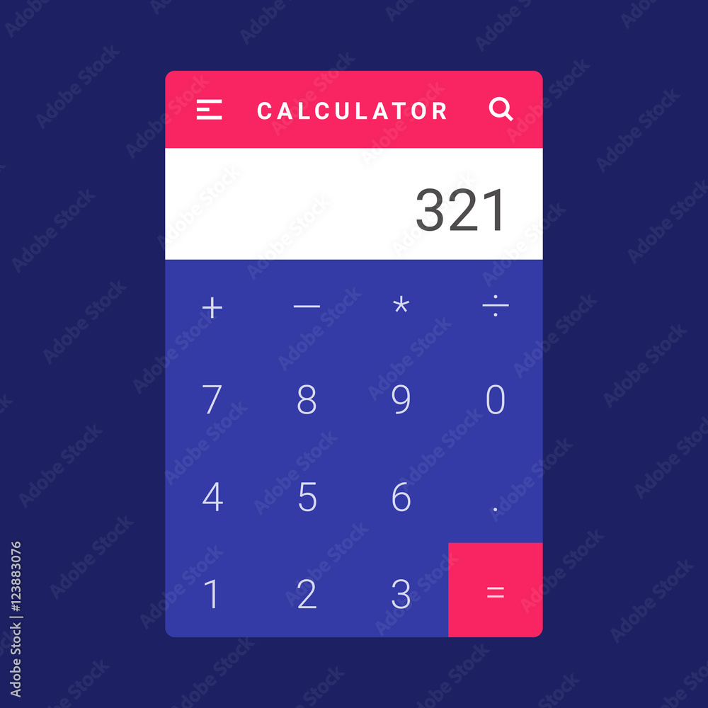 UI, UX and GUI template layout for Mobile Apps. Calculator screen. Pink and  blue color ux app. User interface. Multiplication, addition, division,  subtraction. Material design app calculator Stock Vector | Adobe Stock
