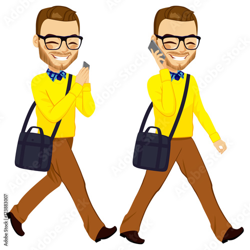 Two action happy young walking man with smartphone chatting and answering phone call
