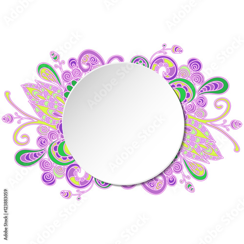 White circle banner with space for text on background with fanciful hand drawn floral colorful  doodle ornament. Vector illustration.