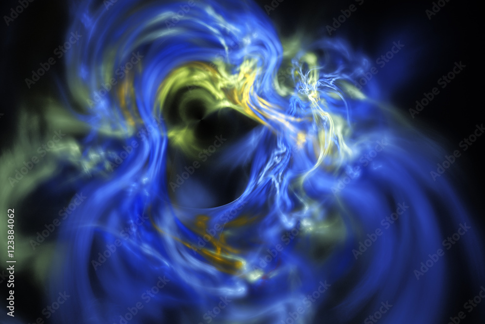 Fractal smoke. Abstract blurred blue and yellow shapes on black background. Fantasy design for posters, postcards or t-shirts. Digital art. 3D rendering.