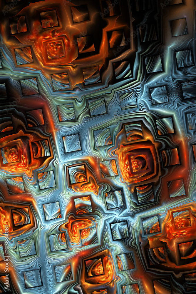 Abstract metallic blue and orange puzzles on black background. C