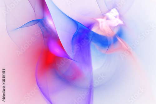 Colorful red, blue and white blurred shapes on white background. Abstract fractal art. 3D rendering.