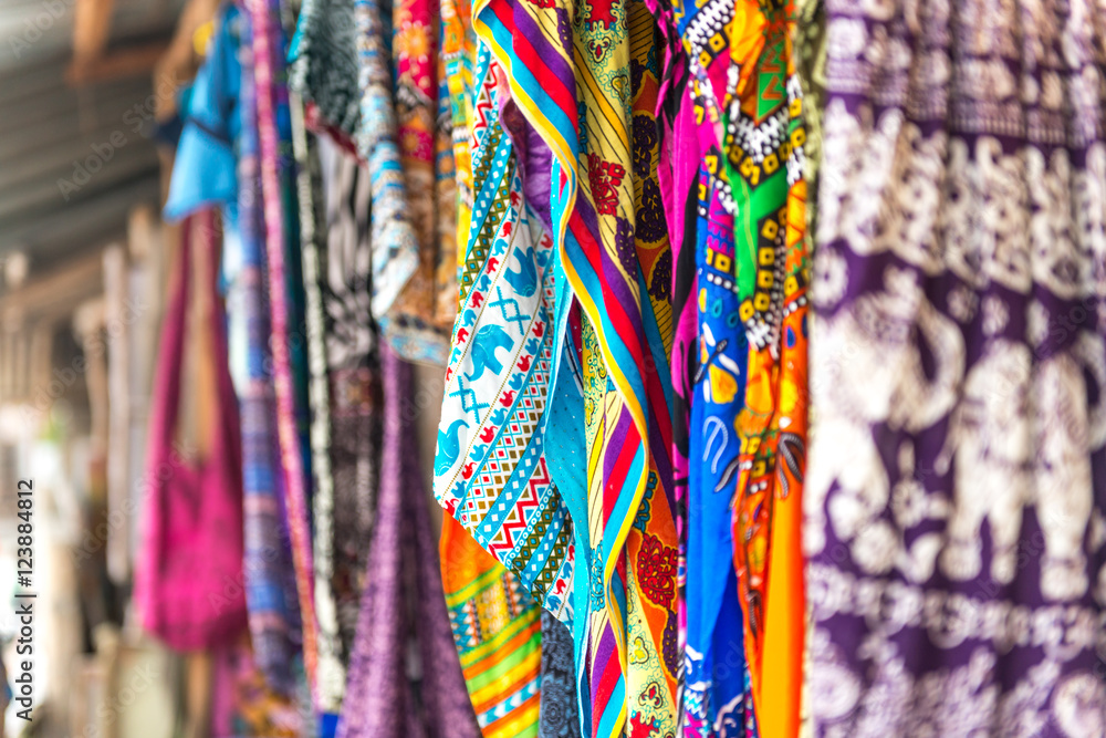 colorful patterned shawls and fabric at Zanzibar market