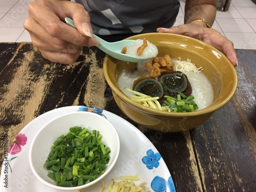 porridge with century egg or preserved duck eggs, traditional chinese.