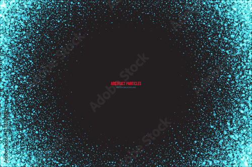 Abstract bright cyan shimmer glowing round falling particles vector background. Scatter shine tinsel light explosion effect. Sparkle blue dots. Celebration, holidays and party illustration