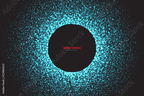 Abstract bright cyan shimmer glowing round falling particles vector background. Scatter shine tinsel light explosion effect. Sparkle blue dots. Celebration, holidays and party illustration