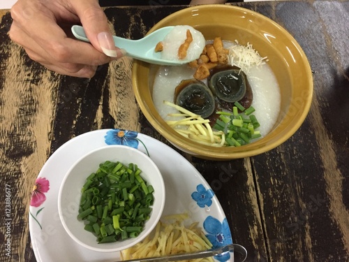 porridge with century egg or preserved duck eggs, traditional chinese.