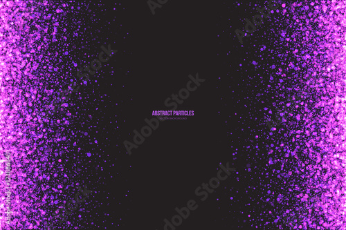 Abstract bright purple shimmer glowing round falling particles vector background. Scatter shine tinsel light explosion effect. Sparkle violet dots. Celebration, holidays and party illustration