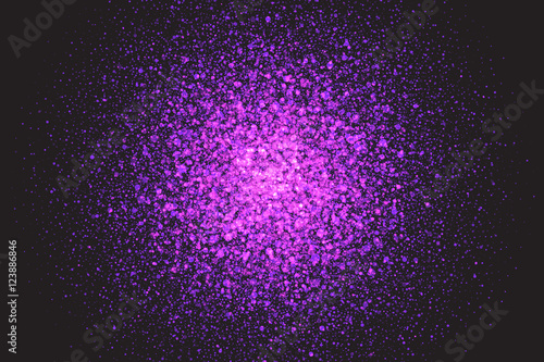 Abstract bright purple shimmer glowing round falling particles vector background. Scatter shine tinsel light explosion effect. Sparkle violet dots. Celebration, holidays and party illustration