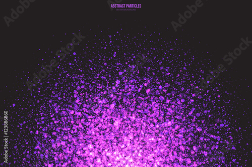 Abstract bright purple shimmer glowing round falling particles vector background. Scatter shine tinsel light explosion effect. Sparkle violet dots. Celebration, holidays and party illustration
