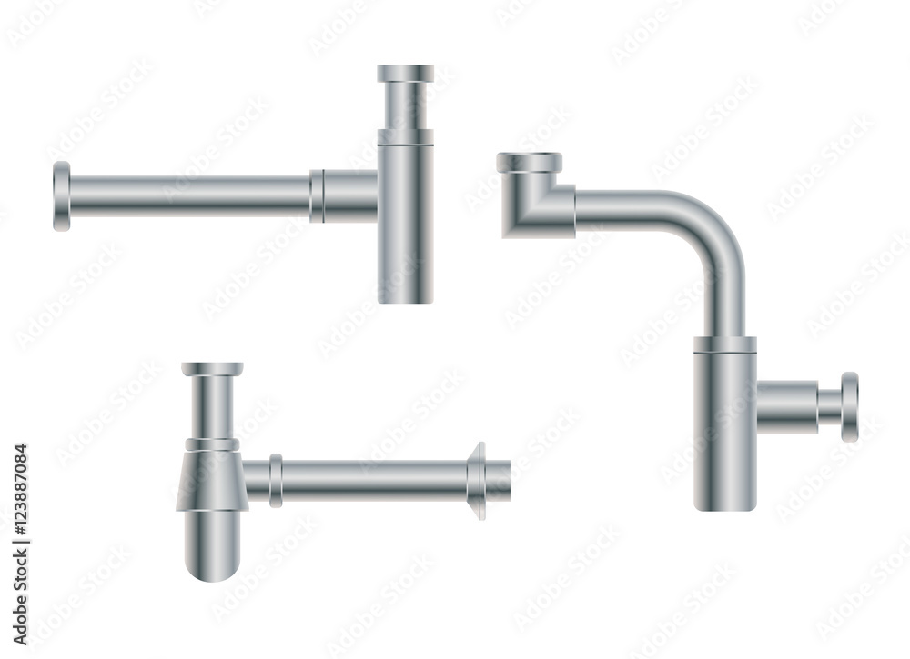 Set of modern European metal nikel siphons esthetic appearance to original design of room, bottle with flask, for wash basin, sanitary devices for connection to sewer pipe for labels of cleaners