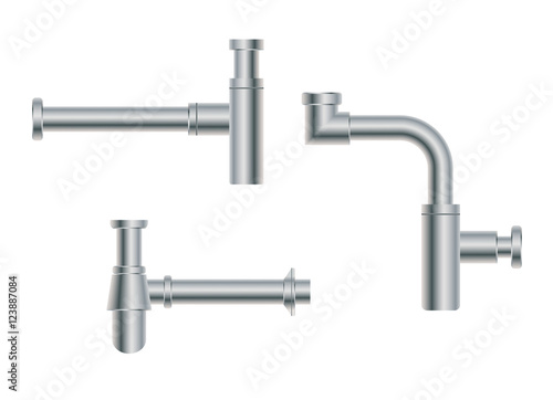 Set of modern European metal nikel siphons esthetic appearance to original design of room, bottle with flask, for wash basin, sanitary devices for connection to sewer pipe for labels of cleaners photo