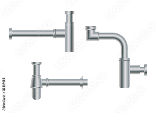 Set of modern European metal nikel siphons esthetic appearance to original design of room, bottle with flask, for wash basin, sanitary devices for connection to sewer pipe for labels of cleaners