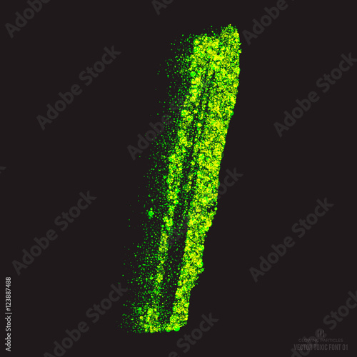 Vector grunge toxic font 001. Letter I. Abstract acid scatter glowing bright green color particles background. Radioactive waste. Zombie apocalypse. Grungy shape. Hand made design element