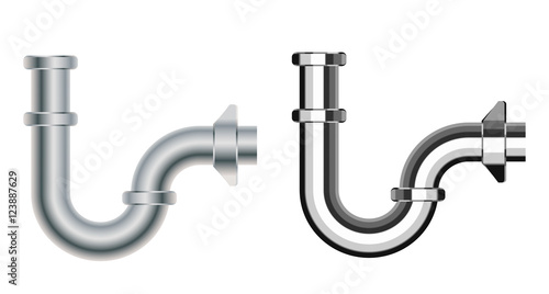 Set of popular realistic pipe U siphons for wash basin, sanitary devices, plumbing fixtures, metal, nickel, chrome luxury for connection to sewer pipe for labels of cleaners, printed materials