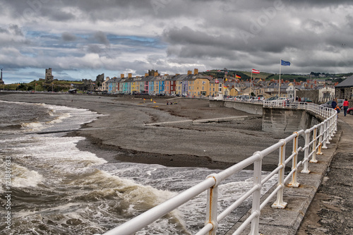 Aberysthwyth sea front on a stormy day with brightly painted houses