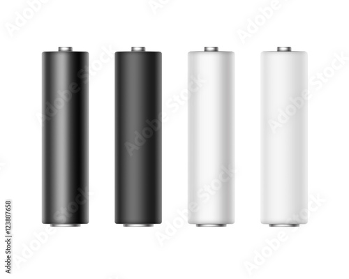 Set of White Black Gray Metalic Matt and Glossy Alkaline AA Batteries Of Diffrent Color Isolated