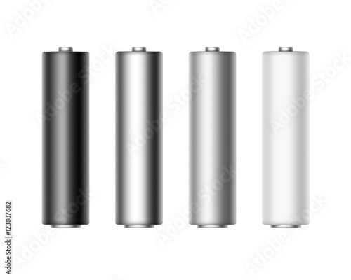 Set of White Black Gray Metalic Alkaline AA Batteries for branding Close up Isolated on White background