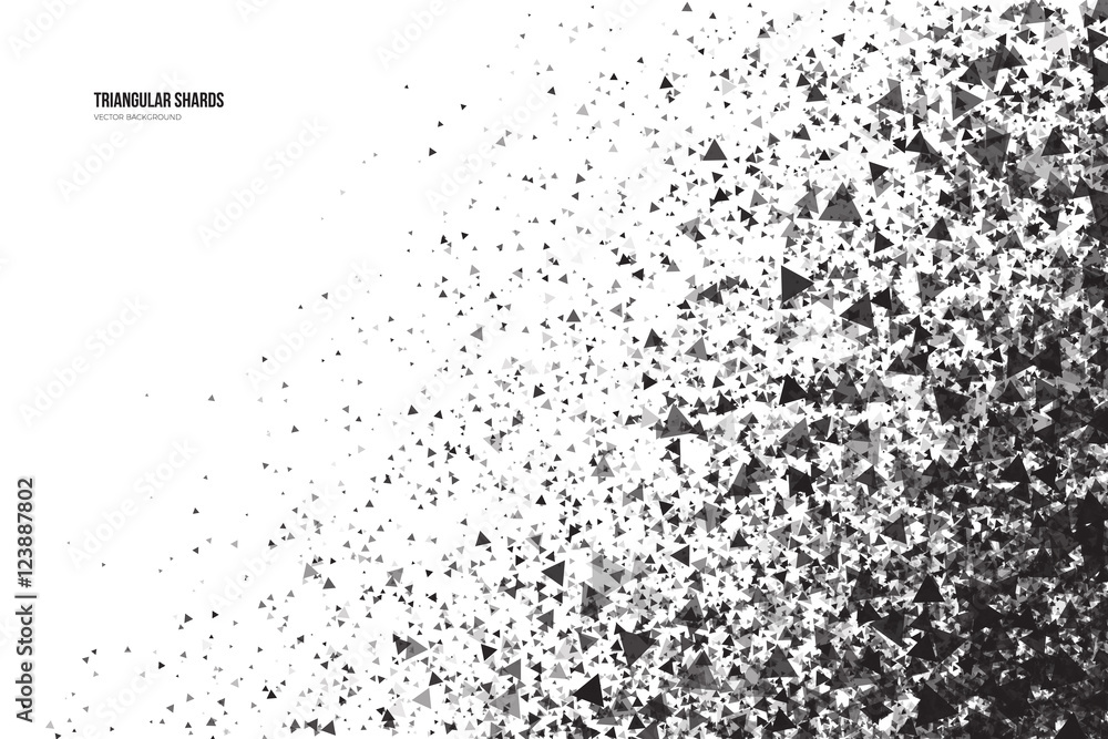 Abstract vector black triangular shards on white background. Scatter falling dark gray triangle particles. Exploding effect