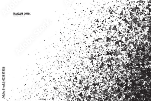 Abstract vector black triangular shards on white background. Scatter falling dark gray triangle particles. Exploding effect