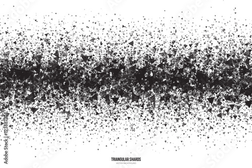 Abstract vector black triangular shards on white background. Scatter falling dark gray triangle particles. Exploding effect
