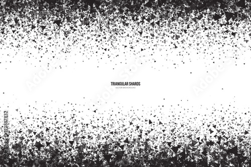 Abstract vector black triangular shards on white background. Scatter falling dark gray triangle particles. Exploding effect
