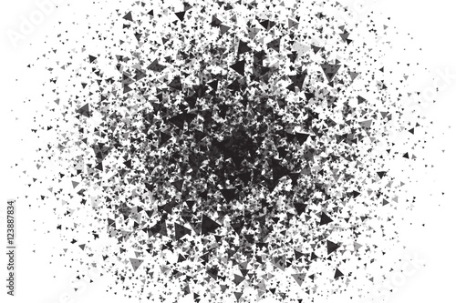 Abstract vector black triangular shards on white background. Scatter falling dark gray triangle particles. Exploding effect