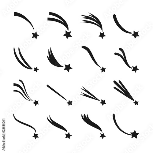 Falling, shooting stars, meteorites and comets with tails vector icons set