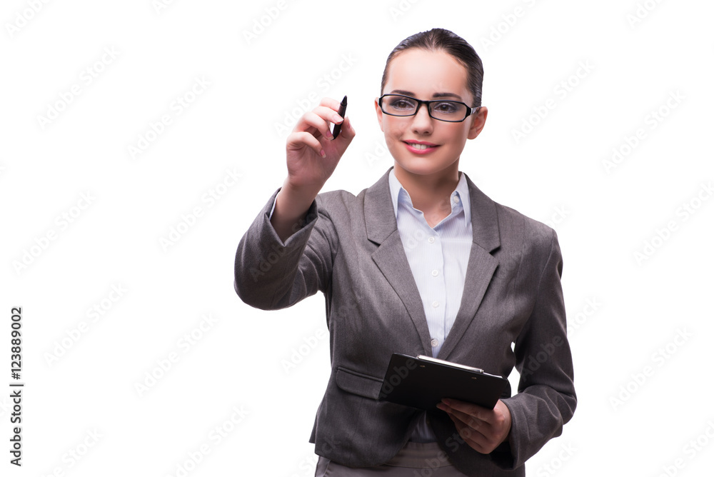 Businesswoman pressing virtual button in business concept Businesswoman pressing virtual button in business concept