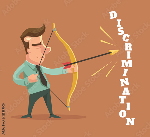 Stop discrimination. Man character broke discrimination word. Vector flat cartoon illustration