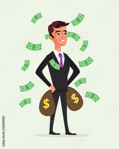 Rich businessman character hold money bags. Financial success concept. Vector flat cartoon illustration