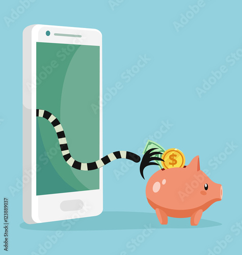 Online cheating. Thief character trying steal money from piggy bank victim character. Vector flat cartoon illustration