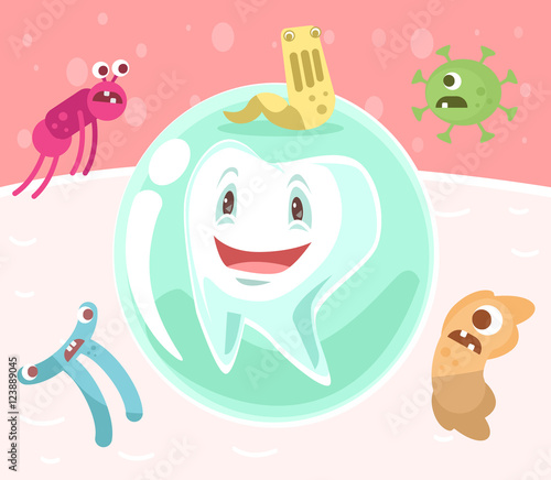 Tooth character in protective bubble. Germs characters attack. Vector flat cartoon illustration