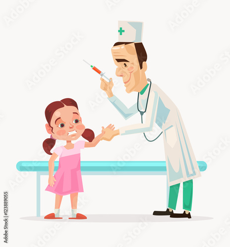 Doctor character doing frightened doing child character vaccination. Vector flat cartoon illustration
