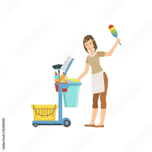 Hotel Professional Maid With Cleaning Equipment Cart Illustration